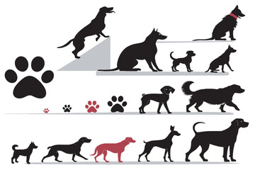 Dog Evolution Silhouette Set with Paw Prints - Vector Pet Growth Stages