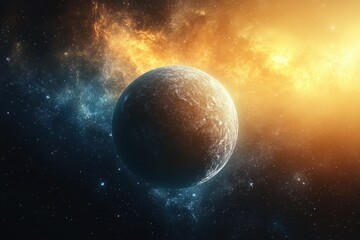 Obraz premium Vibrant cosmic landscape showing a planet surrounded by colorful celestial phenomena