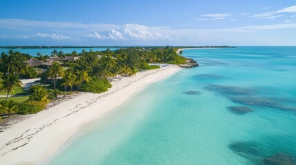 Obraz premium Serene Tropical Beach Scene: White Sand Coastline, Turquoise Water, Palm Trees, Vacation Paradise