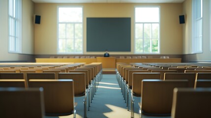 Empty Modern Classroom In the School Interior, Back to School Concept Book, Chair, table 3D Render.