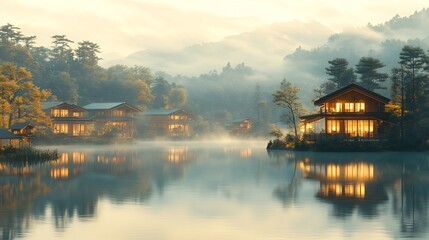Fototapeta premium Lake House Retreat with Lakeside Homes, and Misty Morning.
