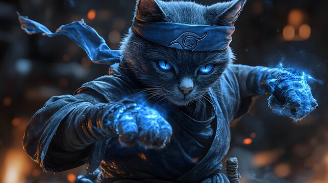 Striking Portrayal of a Clever Anthropomorphic Cat Warrior in Elegant Ninja Attire Emitting Powerful Blue Chakra in a Dynamic Battle Scene