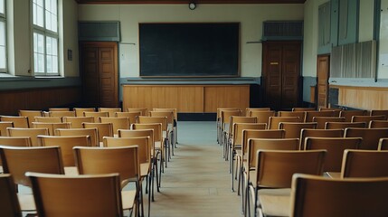 Empty Modern Classroom In the School Interior, Back to School Concept Book, Chair, table 3D Render.
