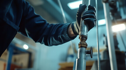 Obraz premium Plumber sealing a pipe joint in a commercial building. Precision and care