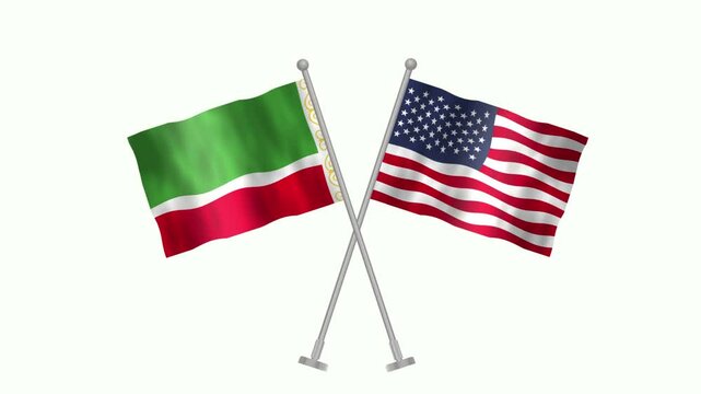 Flag of Chechen and USA, Cross table flag of Chechen and USA on white screen, Chechen and USA 3D Animation flag waving in the wind isolated on white Background. 
