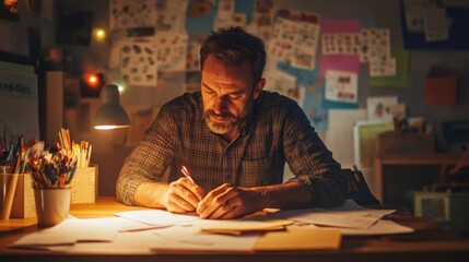 Fototapeta premium Focused Writer Working at Desk, Creative Writing Concept, Empty Room, Morning Light