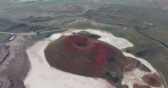 Impressive aerial view of Lake Meke, captured by drone. This unique geological formation provides an interesting example of volcanic activity and the salt lake ecosystem.