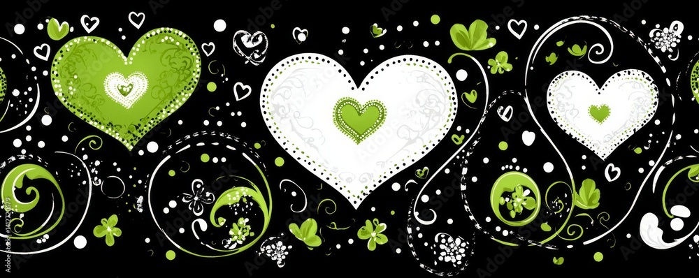 Poster a dark green background features an intricate seamless pattern of white and teal hearts intertwined 