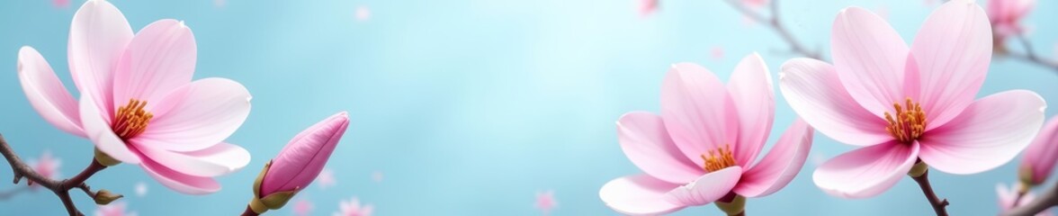Obraz premium Illustration of pink magnolia flowers on a pastel blue background, petals, decorative