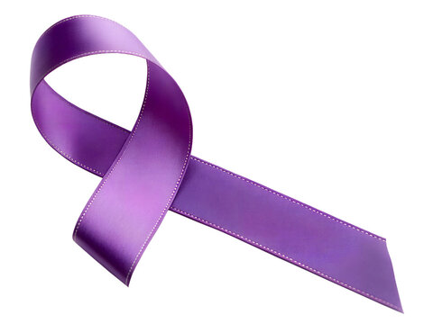 A purple ribbon with a white background. The ribbon is purple and has a white border. It is a ribbon for breast cancer awareness