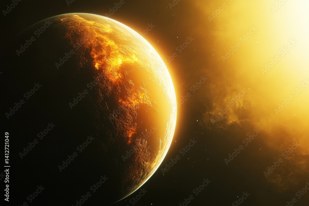 Poster striking view of a distant planet illuminated by a bright star in a cosmic setting