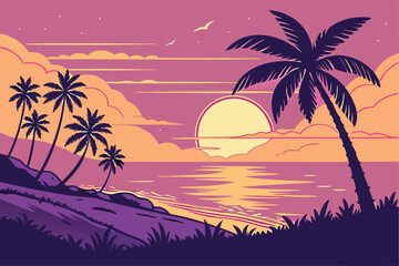 16 Tropical sunset, vibrant color palette, silhouetted palm trees, large sun on horizon, gradient sky, purple to orange, calm ocean reflections, tropical island landscape, vector art style, smooth gra