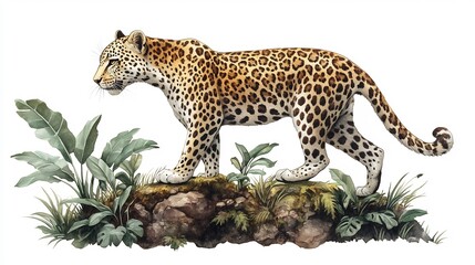 Leopard Walking Isolated with Wild Feline, and Jungle.