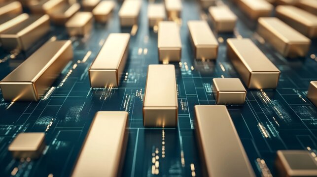 Glowing Gold Financial Market Graph, dynamic 3D representation, dark banking-themed backdrop, ideal for business advertisements