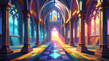 A large, empty cathedral with a bright sun shining through the stained glass windows. The light casts a warm glow on the stone pillars and the colorful mosaic floor. Concept of peace and serenity