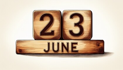 Illustration of wooden blocks with date 23 June. Day and month, simple calendar