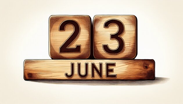Illustration of wooden blocks with date 23 June. Day and month, simple calendar