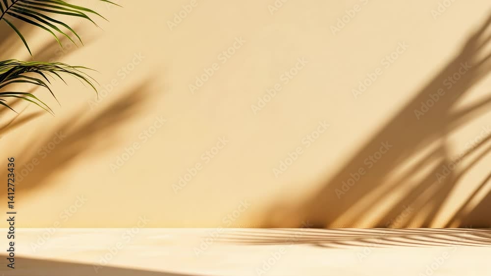 Poster Minimalist beige template background with palm tree shadow for product placement, perfect for showcasing products in a natural and elegant way