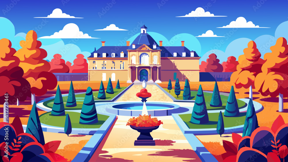 Aufkleber a painting of a large building with a fountain in front of it. the building is surrounded by trees a