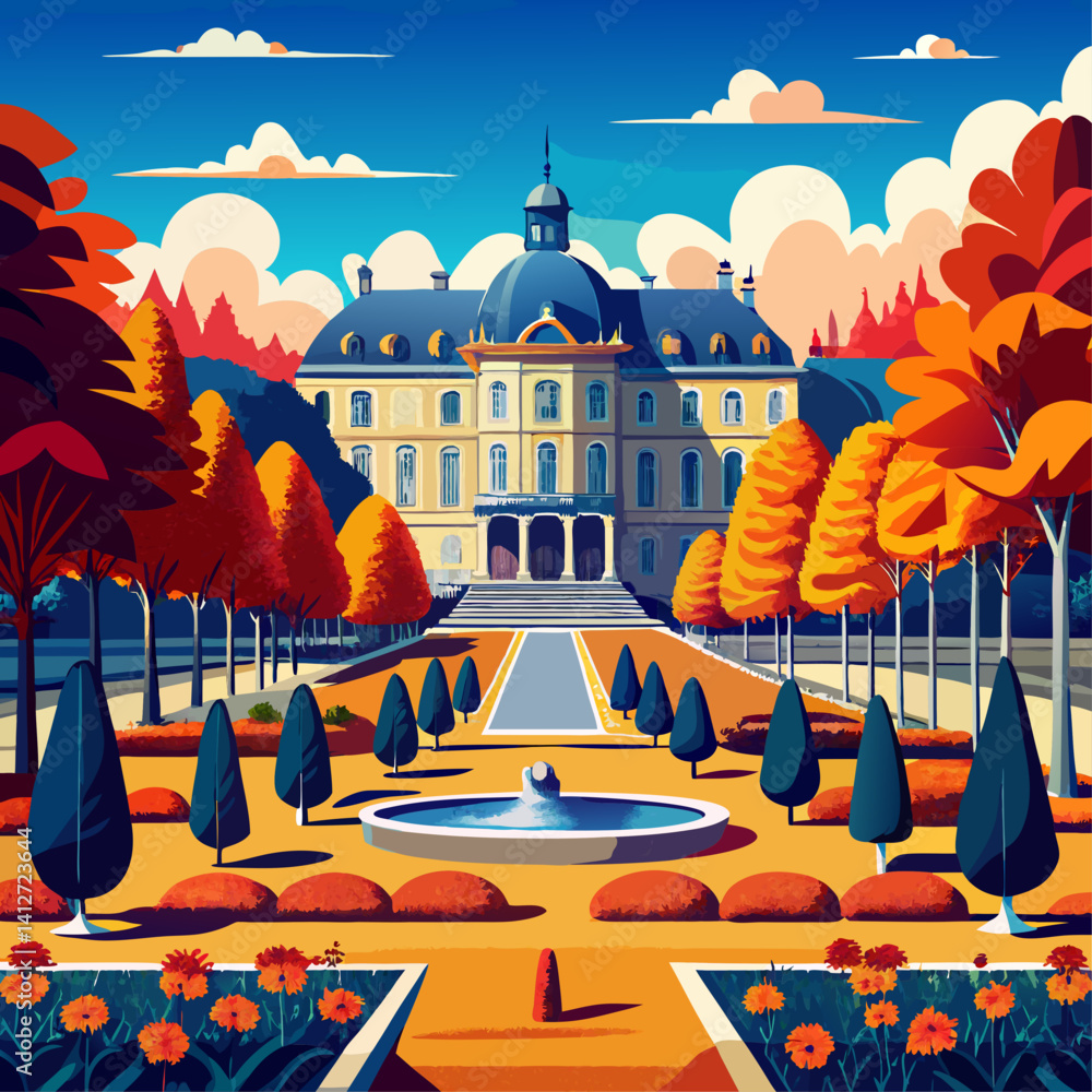 Aufkleber a painting of a large building with a fountain in front of it. the building is surrounded by trees a