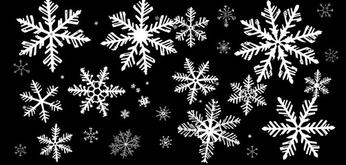 Intricate vector snowflakes, diverse shapes & sizes, isolated on black Ideal for winter designs, digital art, ornate