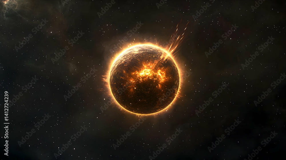 Poster glowing exploding planet in space