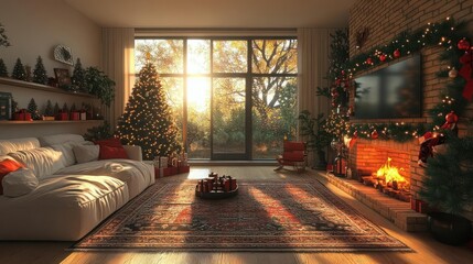 Cozy Christmas living room with sunlight streaming through large windows