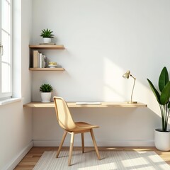 Minimalist office corner with wooden shelves, white walls, and potted succulent, corner, succulent