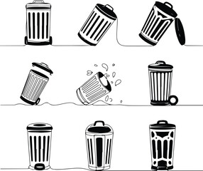 Trash Can One Line Drawing | Minimal Silhouette Vector Set Continuous Line Trash Bin Silhouettes | Simple Garbage Icon Art