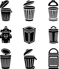 Trash Can One Line Drawing | Minimal Silhouette Vector Set Continuous Line Trash Bin Silhouettes | Simple Garbage Icon Art