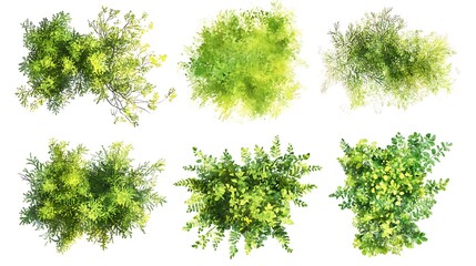 Fototapeta premium Watercolor top view foliage collection green plants landscape architecture natural garden painting style image