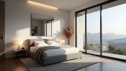 A serene modern bedroom with a minimalist bed, framed art above, neutral tones, and soft lighting. A large window reveals a cityscape and mountains, while pampas grass adds organic elegance