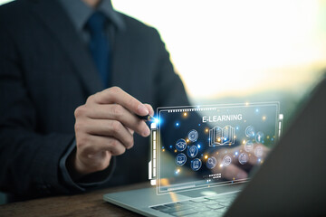E-learning concept, Showing e-learning icons on hand. Learning online educate technology provides easy access, Learning through online greater enhance. training digital online
