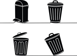 Trash Can One Line Drawing | Minimal Silhouette Vector Set Continuous Line Trash Bin Silhouettes | Simple Garbage Icon Art