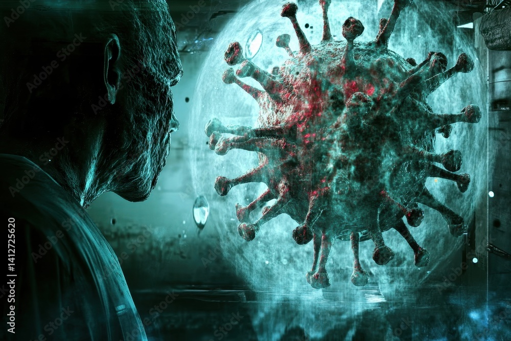 Aufkleber intriguing interaction between a human and a virus in a futuristic setting