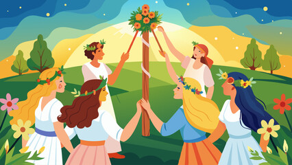 A group of women are dancing around a tree, with flowers in their hair. The scene is set in a field at night, with a full moon in the sky. The women are dressed in colorful dresses
