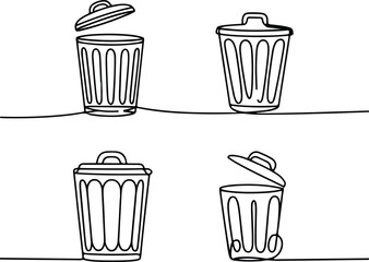 Trash Can One Line Drawing | Minimal Silhouette Vector Set Continuous Line Trash Bin Silhouettes | Simple Garbage Icon Art