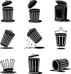 Trash Can One Line Drawing | Minimal Silhouette Vector Set Continuous Line Trash Bin Silhouettes | Simple Garbage Icon Art