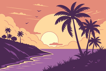 16 Tropical sunset, vibrant color palette, silhouetted palm trees, large sun on horizon, gradient sky, purple to orange, calm ocean reflections, tropical island landscape, vector art style, smooth gra