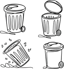 Trash Can One Line Drawing | Minimal Silhouette Vector Set Continuous Line Trash Bin Silhouettes | Simple Garbage Icon Art