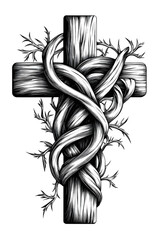 Stylized cross with intertwined vines and thorns, engraving-inspired vector art, representing resurrection and growth through suffering