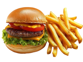 Delicious cheeseburger with fresh lettuce, tomato, and crispy french fries on a black background
