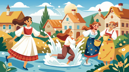 A group of women are playing in a river. One woman is holding a bucket. The scene is set in a village