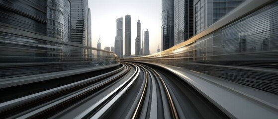 Fototapeta premium Train tracks leading to skyscrapers with motion blur effect in an urban setting.