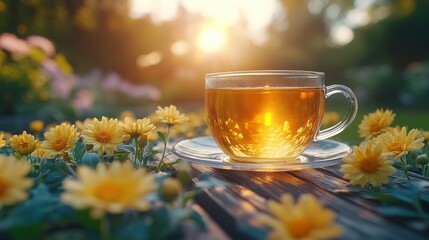 Warm tea outdoors flowers