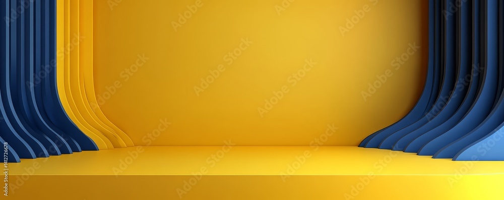 Poster circular pattern with swirling blue motifs on a yellow abstract background