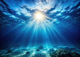 Ethereal underwater photography showcases deep ocean blue hues, illuminated by radiant sunbeams.