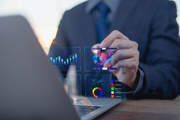 Analyst to analyze data. Shows a dashboard chart for business data analysis and metrics connected...