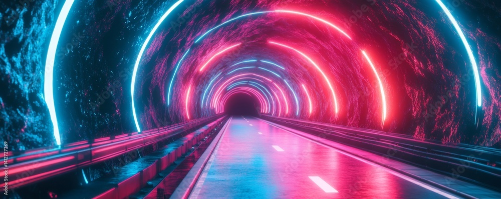 Poster an abstract digital representation of a tunnel filled with vibrant neon lights in pixelated form