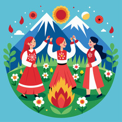 Three women are dancing around a fire in a field. The sun is shining brightly in the background